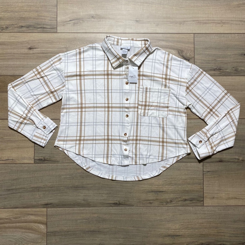Rue 21‎ Womens Plaid Button Up Long Sleeve Shirt Size Large Cream Brown Gray